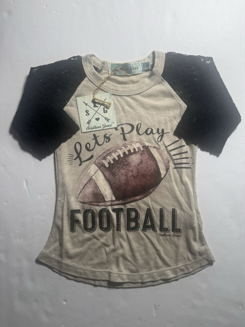 Southern Grace Girls 2-3Y Football Raglan Shirt Lace Sleeve Let’s Play NWT